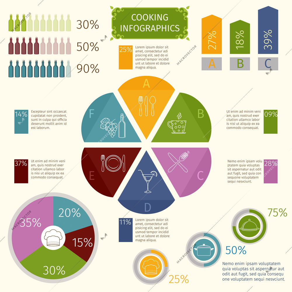 Cooking kitchen and restaurant infographic elements food and utensil icons and charts vector illustration