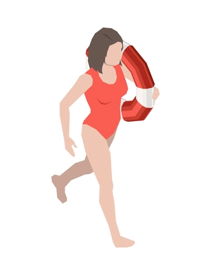 Beach lifeguards isometric composition with human character of woman with inflatable ring vector illustration