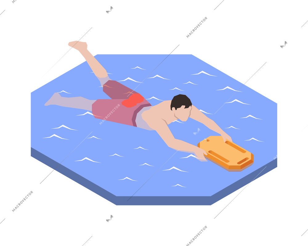 Beach lifeguards isometric composition with human character of man swimming with pool board vector illustration