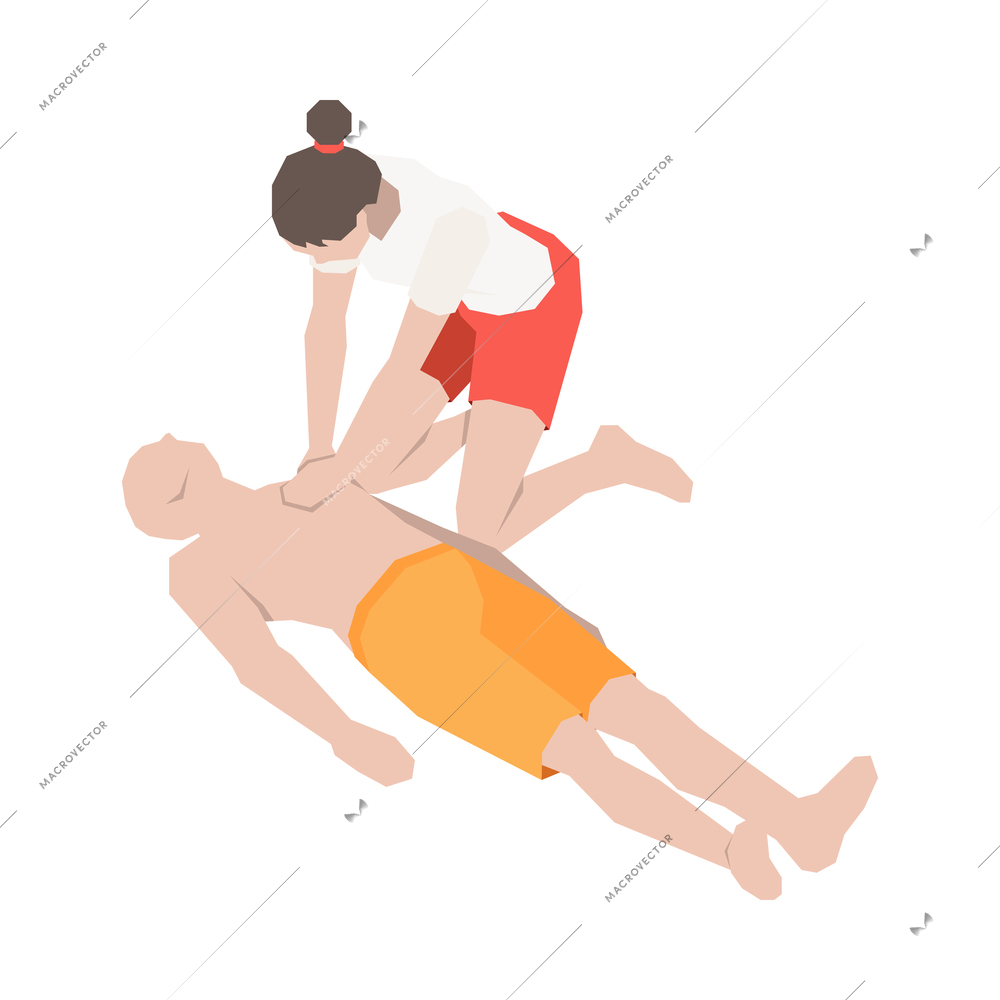 Beach lifeguards isometric composition with human characters of life guard and victim vector illustration