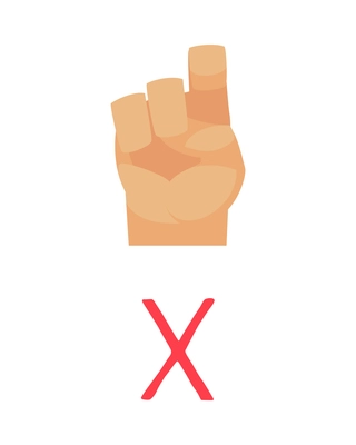 Deaf and dumb composition with isolated ornate letter and human hand showing appropriate gesture sign vector illustration