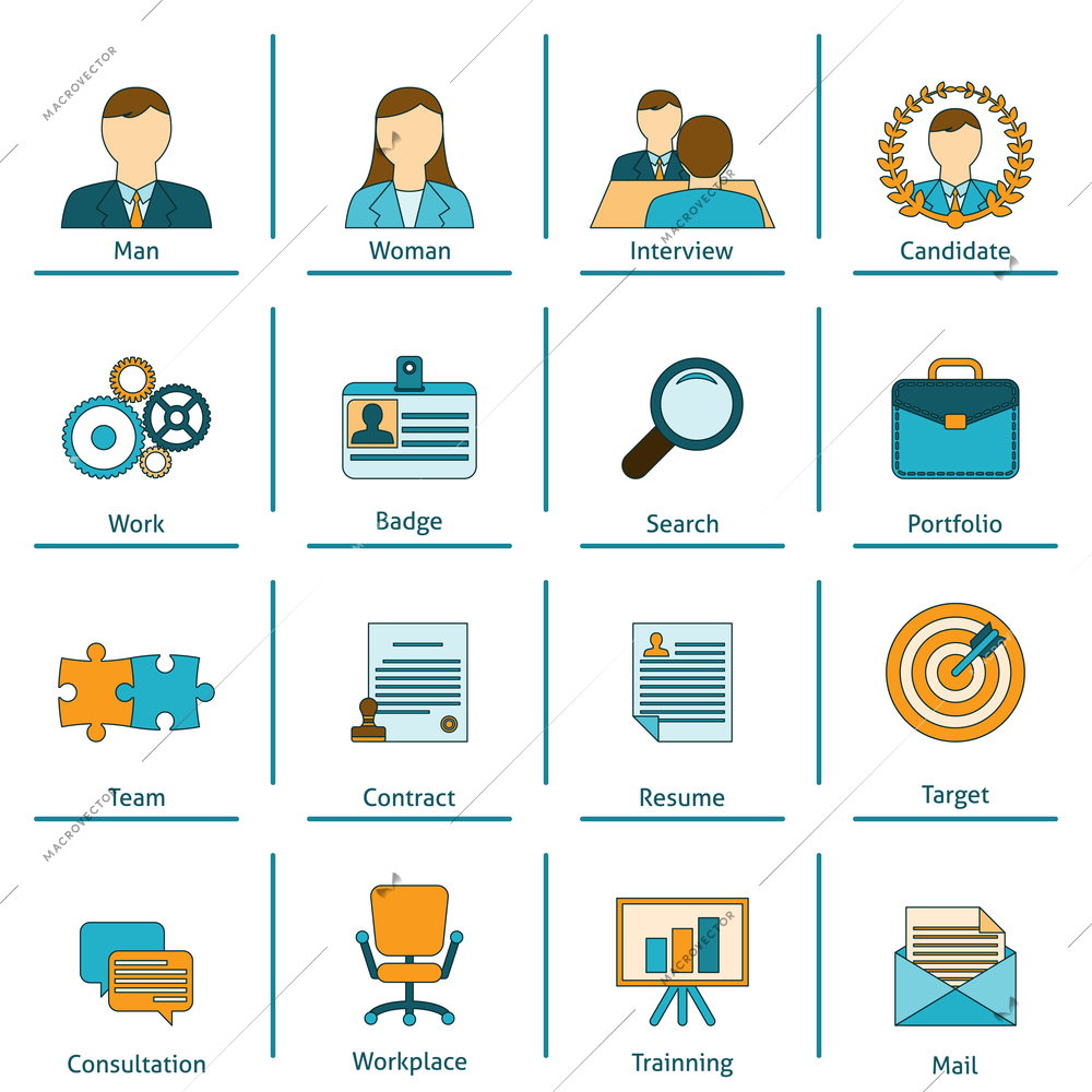 Human resources personnel recruitment training and interview strategy flat set icons with applicant portfolio isolated vector illustration