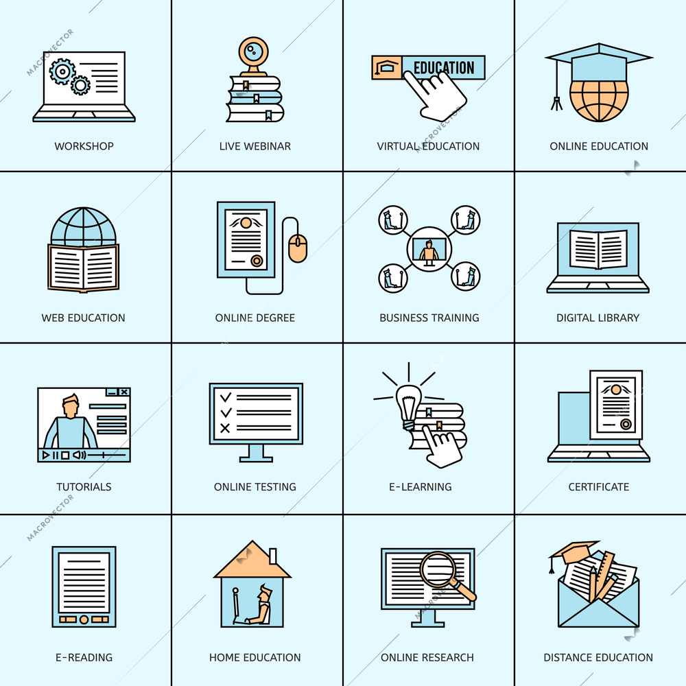 Online education icons set with workshop live webinar business training isolated vector illustration