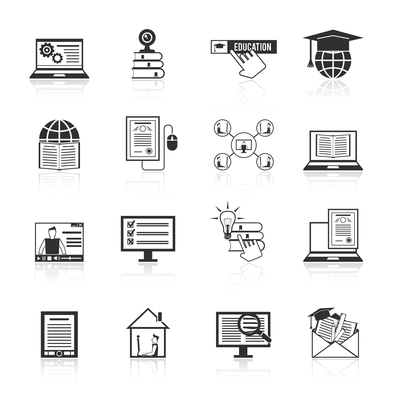 Online education e-learning knowledge resources icons black set isolated vector illustration