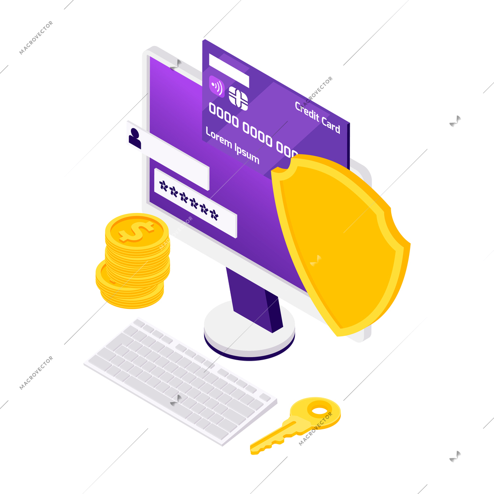 Online payment isometric composition with isolated security icons and electronic gadgets vector illustration