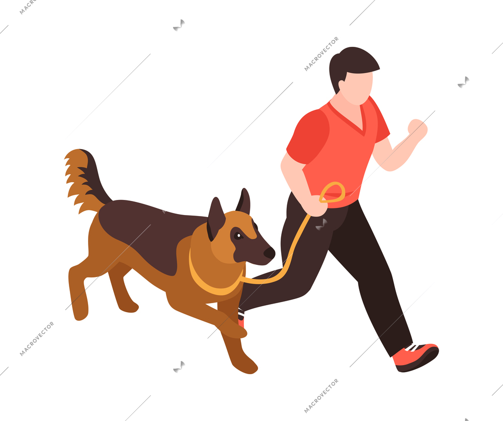 Isometric one day dog man owner composition with isolated image of puppy with human character vector illustration