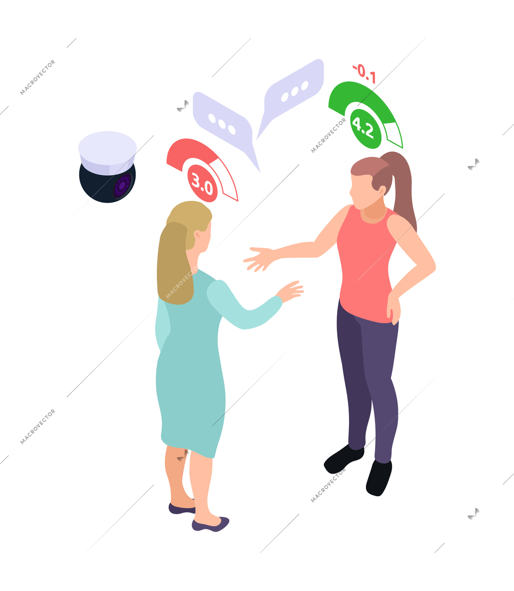 Social credit score system isometric composition with human characters rating pictograms and profile vector illustration