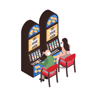 Isometric casino composition with isolated human characters at slot machines on blank background vector illustration