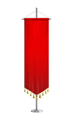 Red pennant with tassels on pedestal realistic composition with isolated image of pennon on stand vector illustration