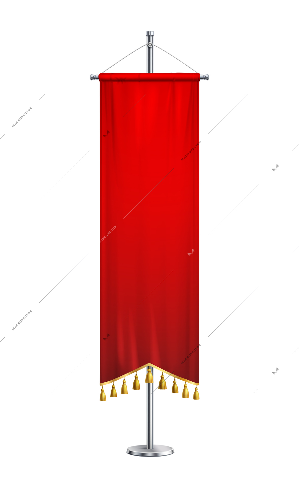 Red pennant with tassels on pedestal realistic composition with isolated image of pennon on stand vector illustration