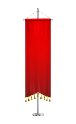 Red pennant with tassels on pedestal realistic composition with isolated image of pennon on stand vector illustration