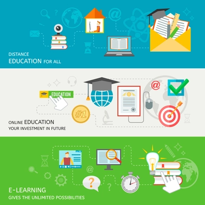 Online education banner set with distance e-learning elements isolated vector illustration