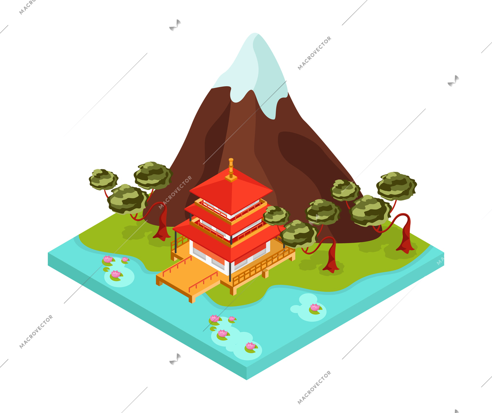 Isometric japan composition with isolated view of traditional japanese landscape vector illustration