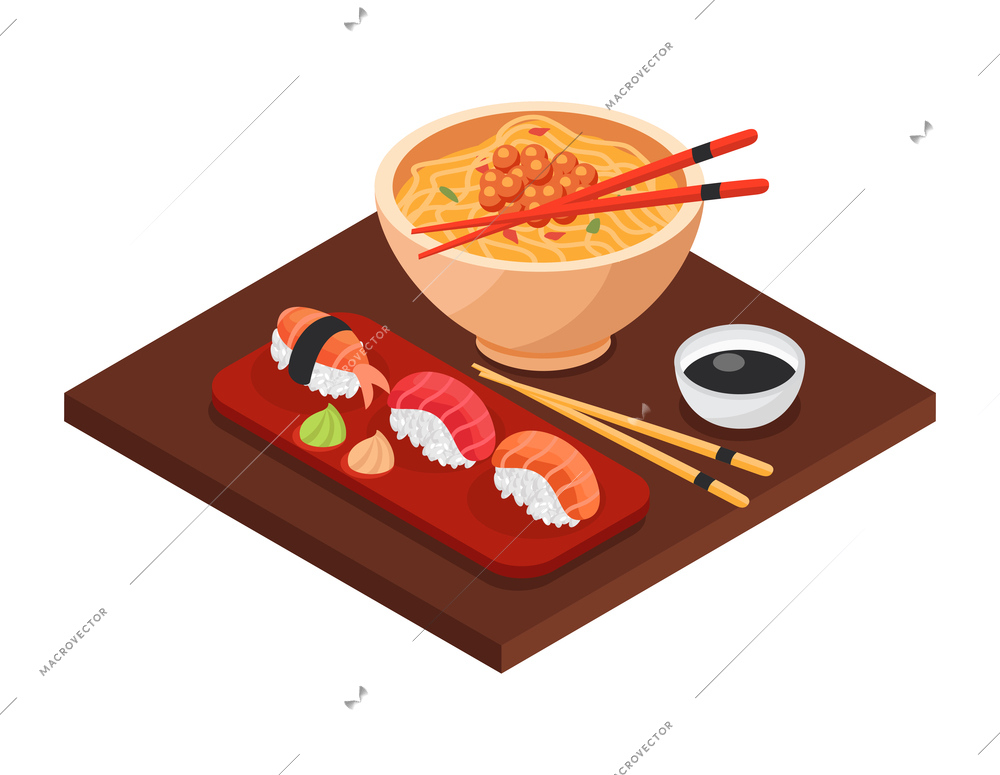 Isometric japan composition with isolated view of traditional japanese food tray vector illustration