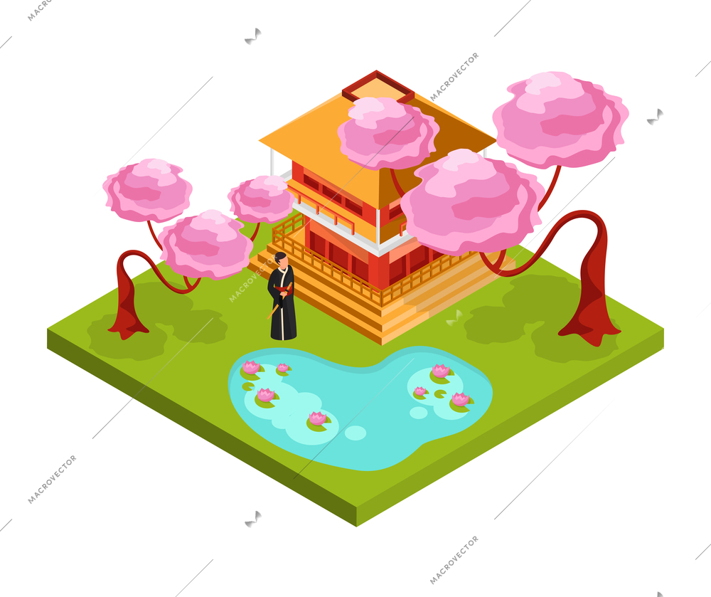 Isometric japan composition with isolated view of traditional japanese landscape vector illustration