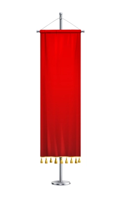 Red pennant with tassels on pedestal realistic composition with isolated image of pennon on stand vector illustration