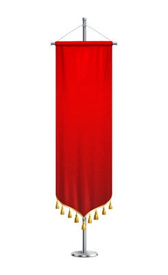 Red pennant with tassels on pedestal realistic composition with isolated image of pennon on stand vector illustration