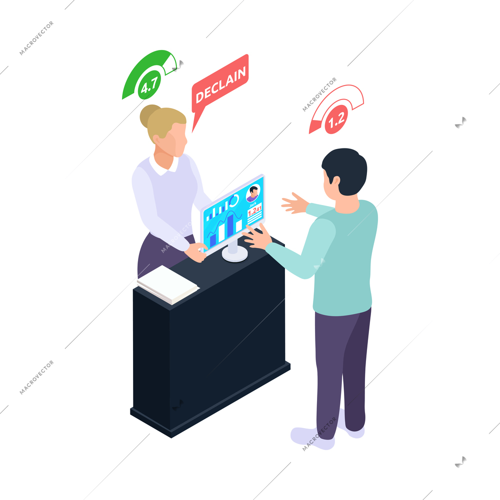 Social credit score system isometric composition with human characters rating pictograms and profile vector illustration