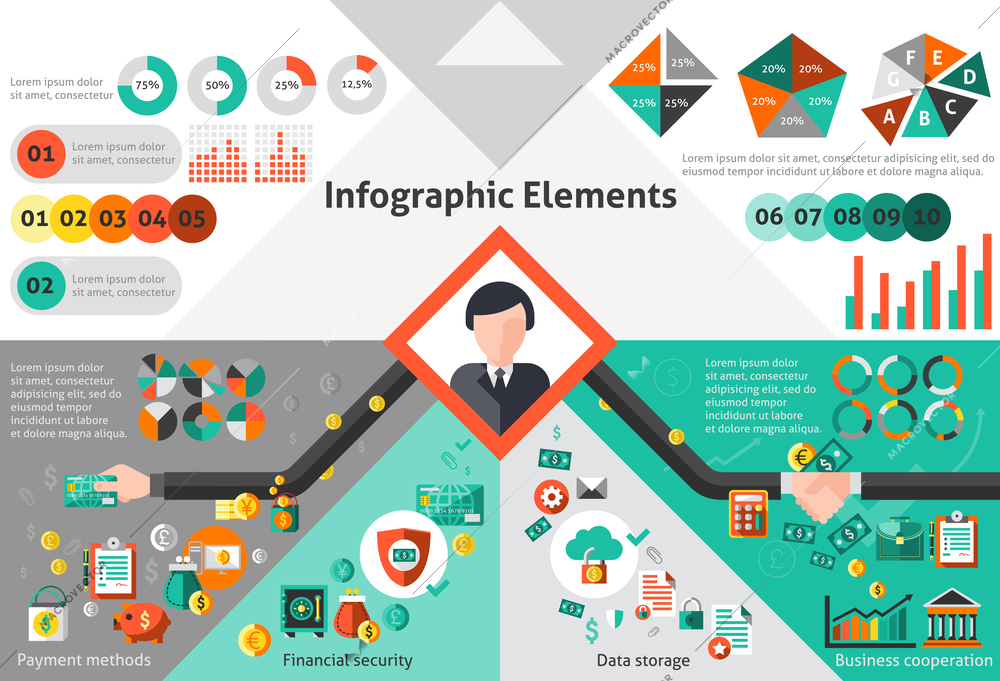 Finance infographic set with payment methods data storage paper elements vector illustration