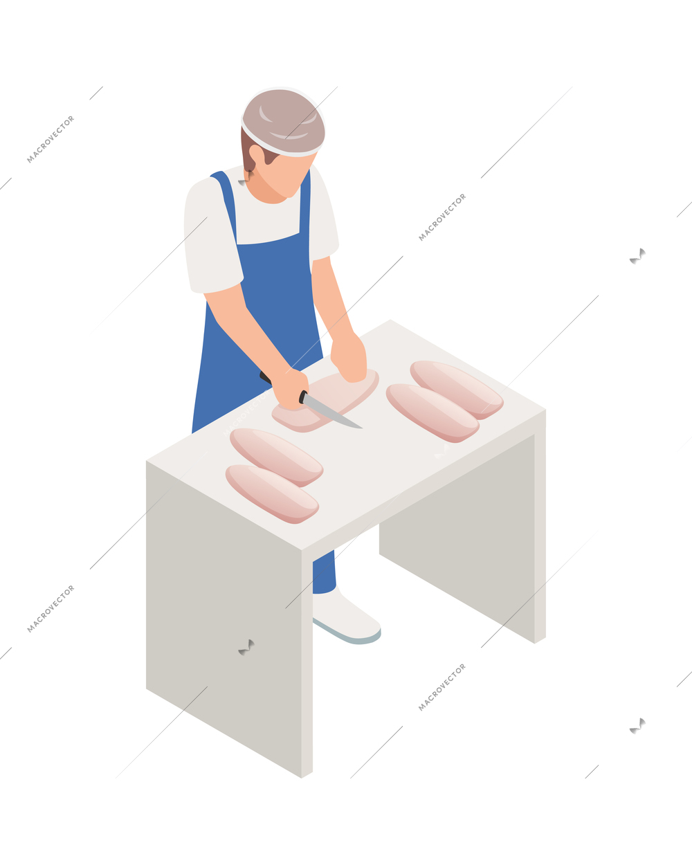 Chicken poultry production farm isometric composition with isolated character of factory worker vector illustration