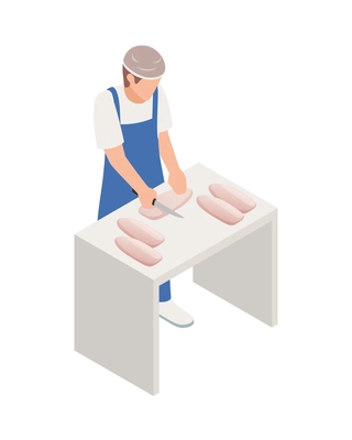 Chicken poultry production farm isometric composition with isolated character of factory worker vector illustration