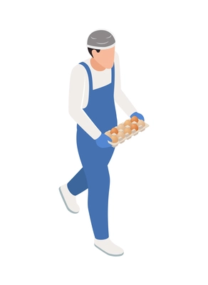 Chicken poultry production farm isometric composition with isolated character of factory worker vector illustration