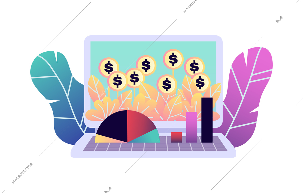 Digital investment finance trading composition with colourful icons and human characters vector illustration