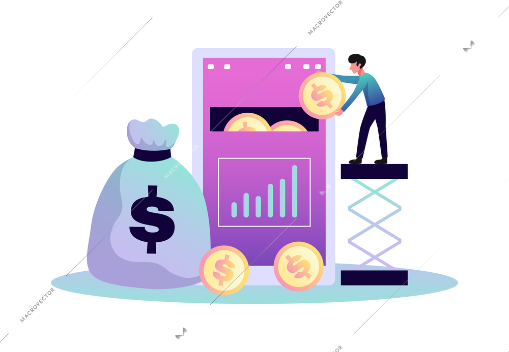 Digital investment finance trading composition with colourful icons and human characters vector illustration