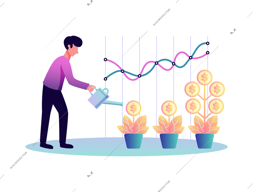 Digital investment finance trading composition with colourful icons and human characters vector illustration