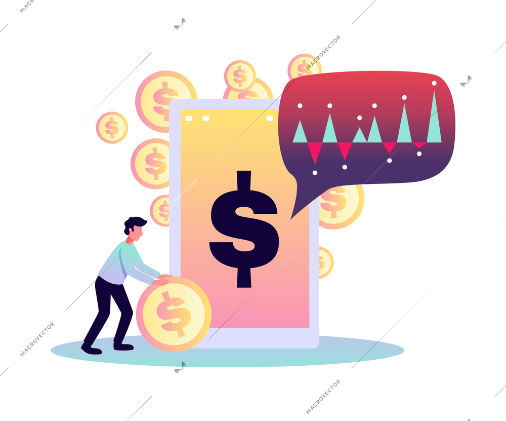 Digital investment finance trading composition with colourful icons and human characters vector illustration