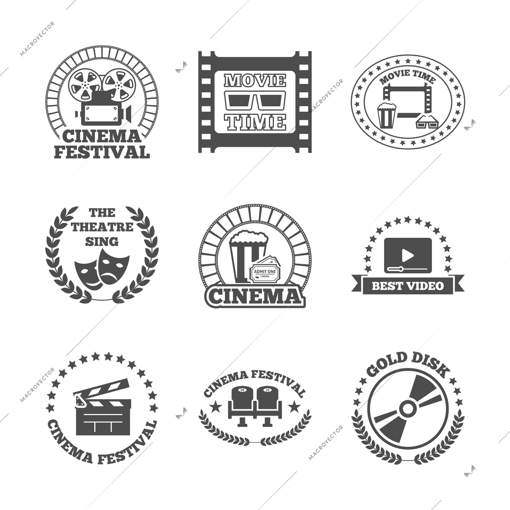 Cinema movie theater golden disk best video festival black retro style labels icons set isolated vector illustration