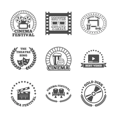 Cinema movie theater golden disk best video festival black retro style labels icons set isolated vector illustration