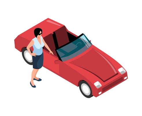 Isometric money rich man shopping composition with human character of woman and car vector illustration