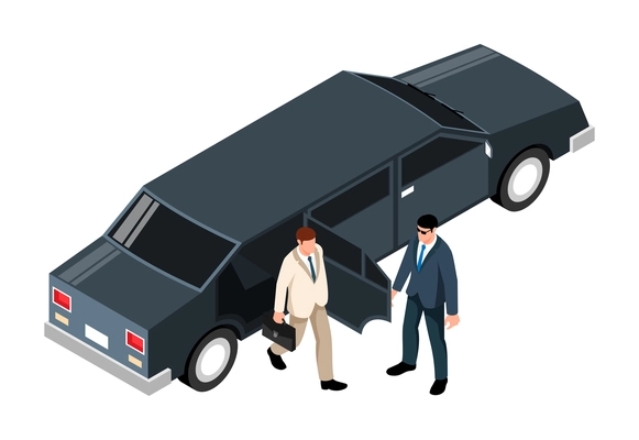 Isometric money rich man shopping composition with isolated character of rich person and limo vector illustration