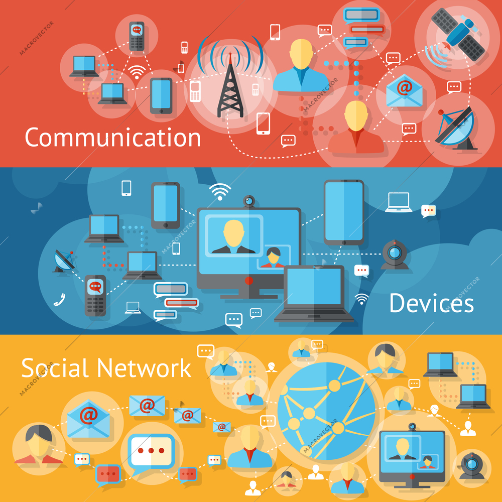 Communication line banners set with social network devices elements isolated vector illustration