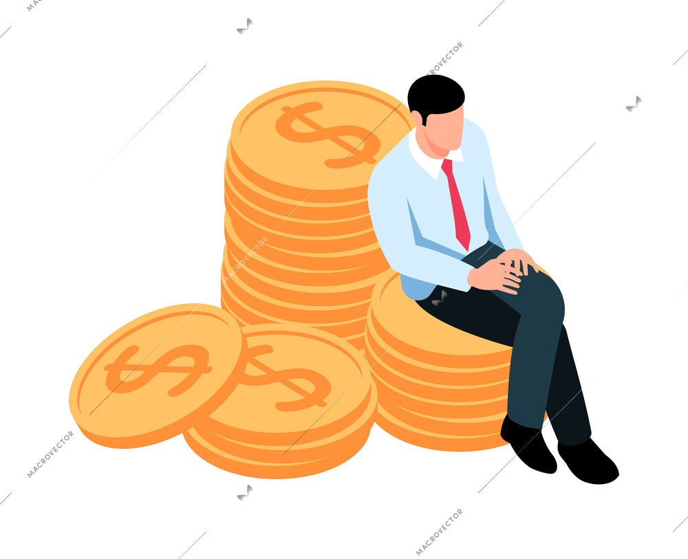 Isometric money rich man shopping composition with human character of rich person vector illustration
