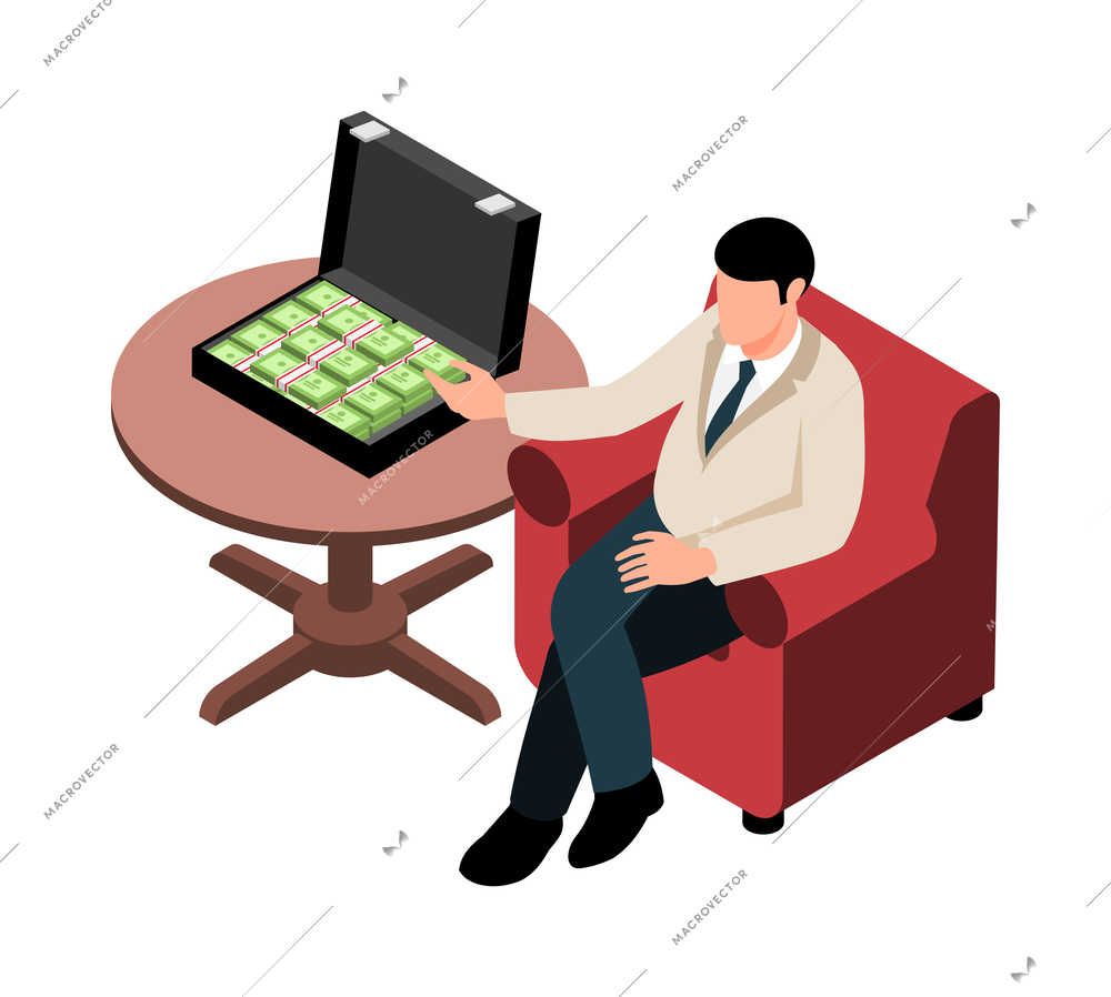 Isometric money rich man shopping composition with isolated human character of rich person vector illustration