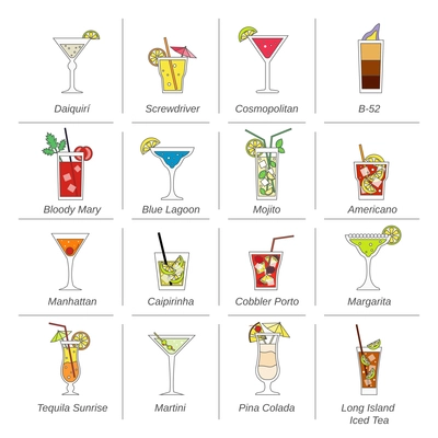 Alcohol cocktails icons flat line set with mojito bloody mary manhattan isolated vector illustration