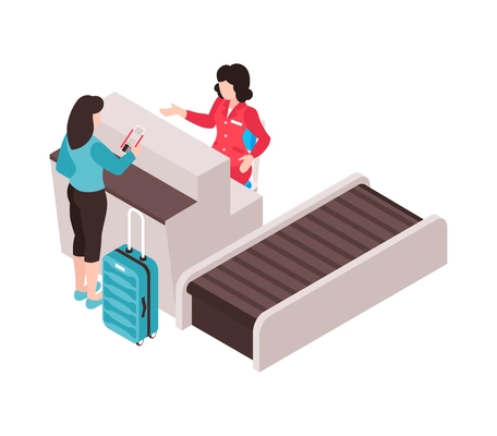 Isometric airport composition with isolated section of airport terminal zone with human characters vector illustration