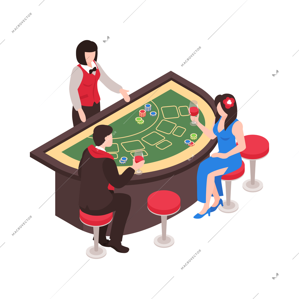 Isometric casino composition with isolated human characters at gaming table on blank background vector illustration