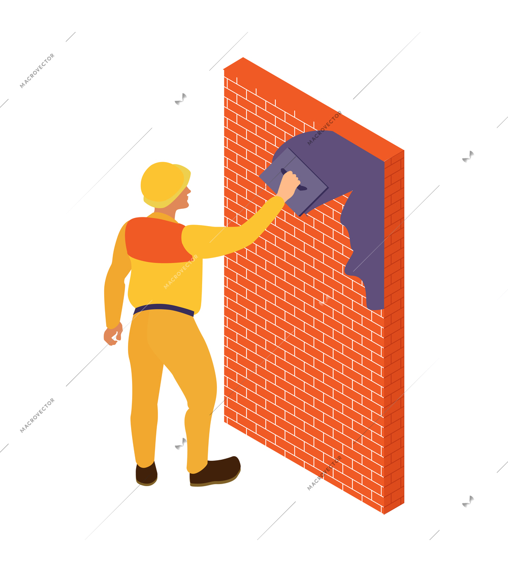 Isometric home repair composition with human character of craftsman in yellow uniform vector illustration