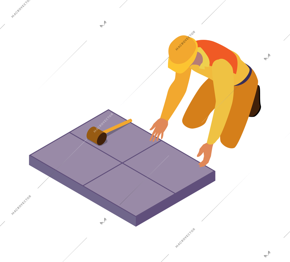 Isometric home repair composition with human character of craftsman in yellow uniform vector illustration