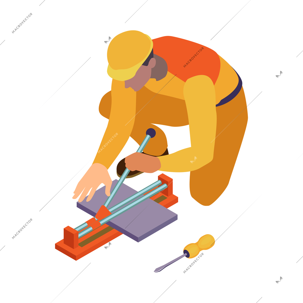 Isometric home repair composition with human character of craftsman in yellow uniform vector illustration