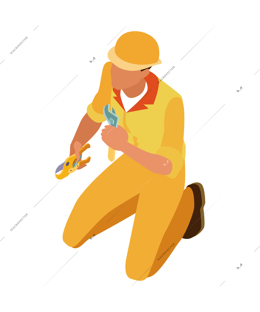 Isometric home repair composition with human character of craftsman in yellow uniform vector illustration