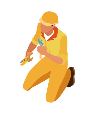 Isometric home repair composition with human character of craftsman in yellow uniform vector illustration