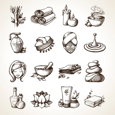 Spa Sketch Decorative Icons Set With Bamboo Towels Aroma Candles Isolated Vector Illustration