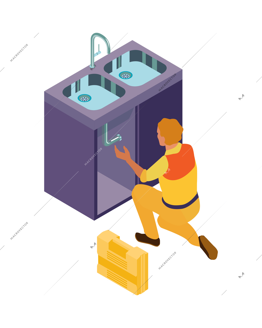 Isometric home repair composition with human character of craftsman in yellow uniform vector illustration