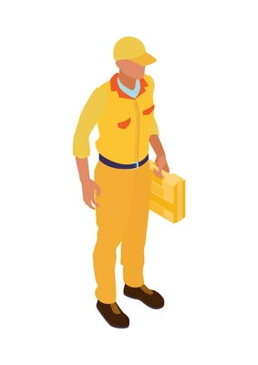 Isometric home repair composition with human character of craftsman in yellow uniform vector illustration