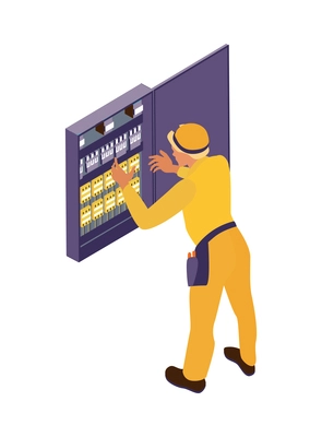 Isometric home repair composition with human character of craftsman in yellow uniform vector illustration