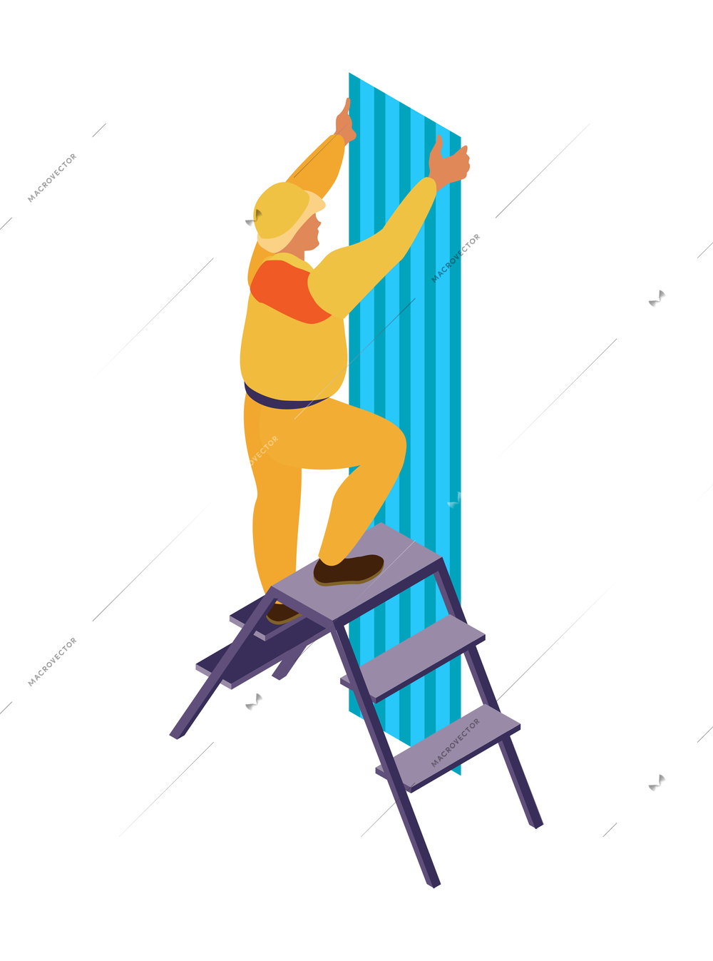 Isometric home repair composition with human character of craftsman in yellow uniform vector illustration